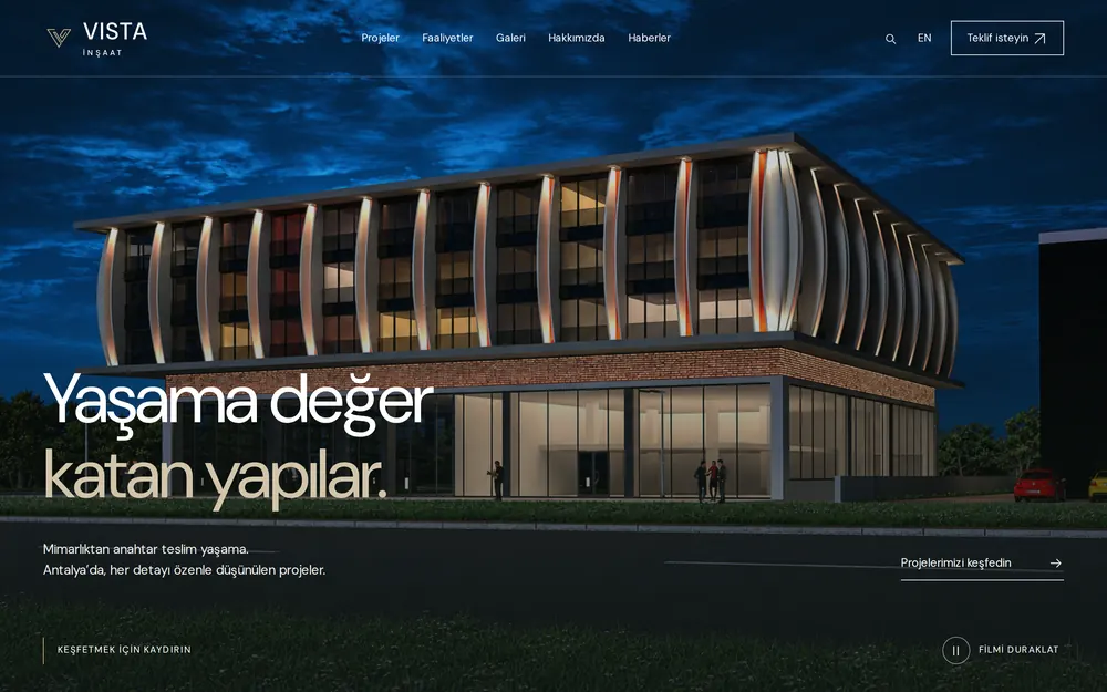 Vista İnşaat web sitesi ana sayfası